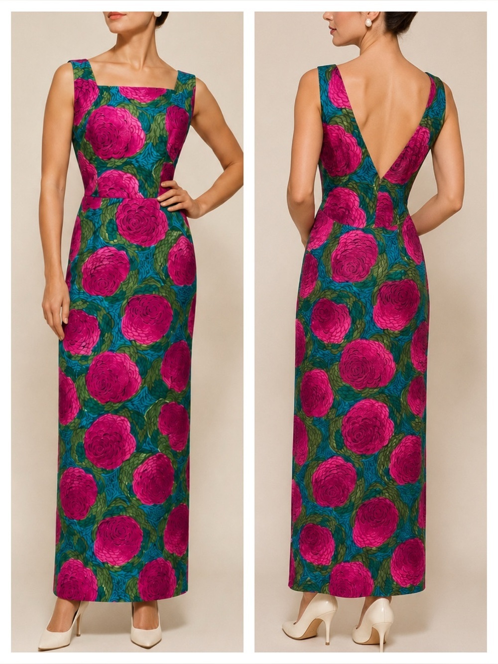 True Vintage 1950s 1960s Graphic Floral Square Neck Low Back Wiggle Maxi Dress